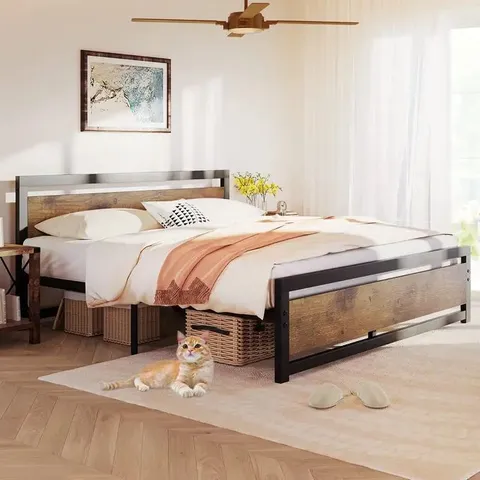 BOXED GARVEE KING SIZE BED FRAME WITH WOODEN HEADBOARD & FOOTBOARD, METAL PLATFORM, NO BOX SPRING NEEDED, 14 INCH, EASY TO ASSEMBLE, NOISE FREE, RUSTIC BROWN