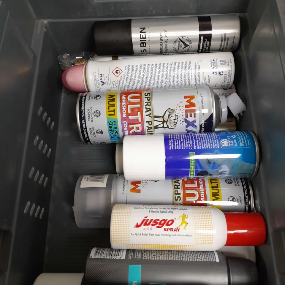 APPROXIMATELY 12 ASSORTED AEROSOLS TO INCLUDE LACOSTE BODY SPRAY , CAR PAINT , SPRAY PAINT , ETC 