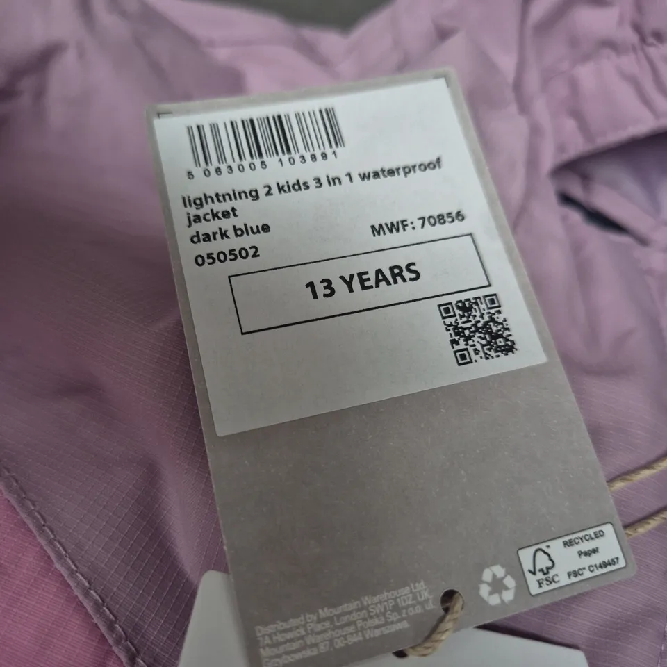 MOUNTAIN WAREHOUSE LIGHTNING 2 KIDS 3-IN-1 WATERPROOF JACKET – PINK & NAVY, 13 YEARS 