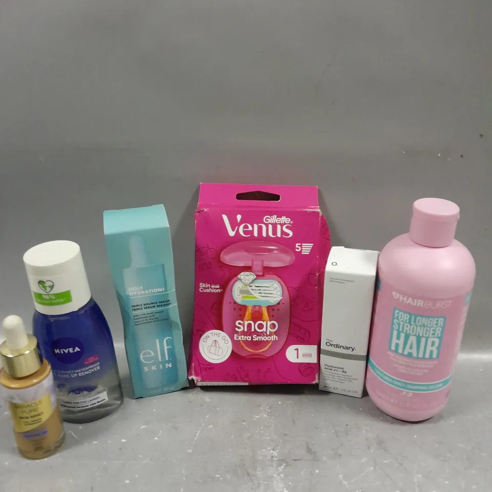 APPROXIMATELY 20 ASSORTED COSMETICS PRODUCTS TO INCLUDE - GILLETTE VENUS BLADES - NIVEA EYE MAKE UP REMOVER - ELF TRIPLE SERUM