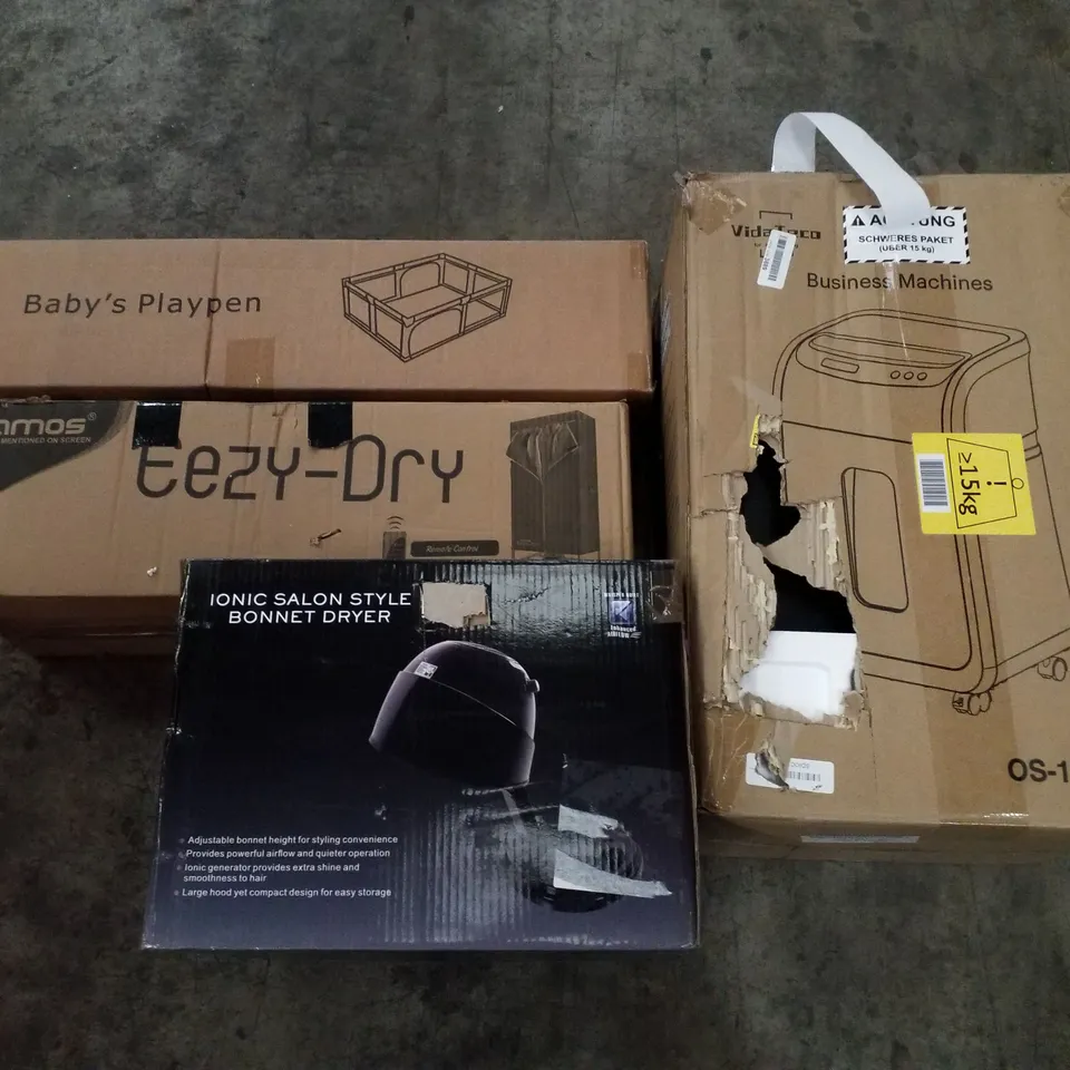 PALLET OF ASSORTED PRODUCTS INCLUDING BABYS PLAYPEN, MICRO CUT SHREDDER, BONNET DRYER, COFFEE TABLE 