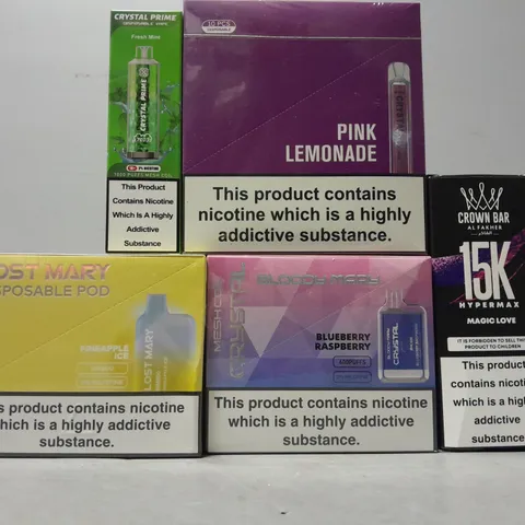 APPROXIMATELY 16 ASSORTED E-CIGARETTE PRODUCTS TO INCLUDE - CRYSTAL PRIME , LOST MARY , CROWN BAR ETC