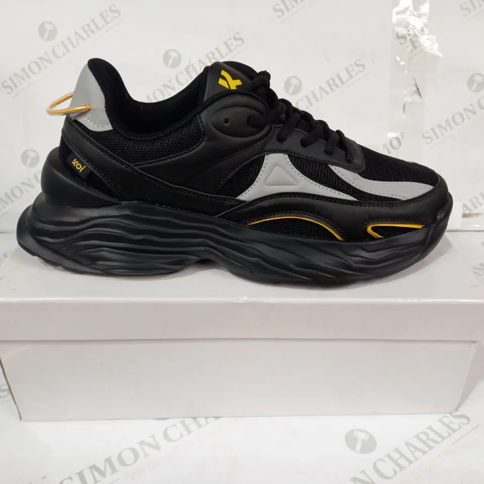 BOXED PAIR OF KOI VEGAN TRAINERS IN BLACK/GREY/YELLOW SIZE UNSPECIFIED