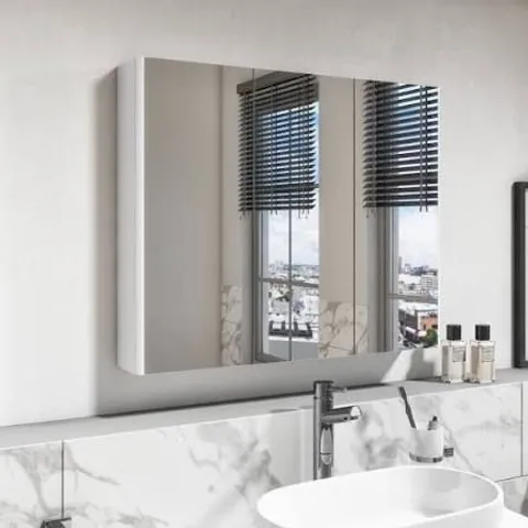 A BOXED 3 PANEL MIRRORED BATHROOM CABINET IN WHITE