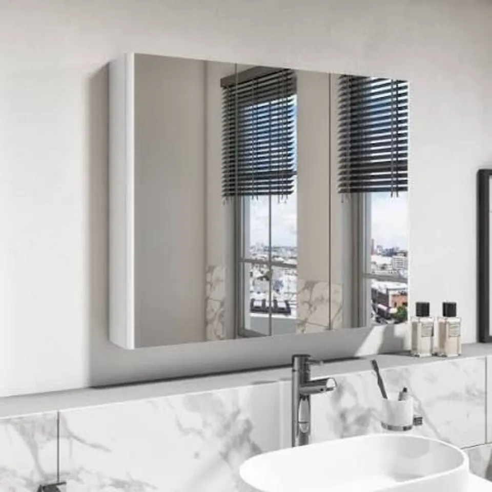 A BOXED 3 PANEL MIRRORED BATHROOM CABINET IN WHITE