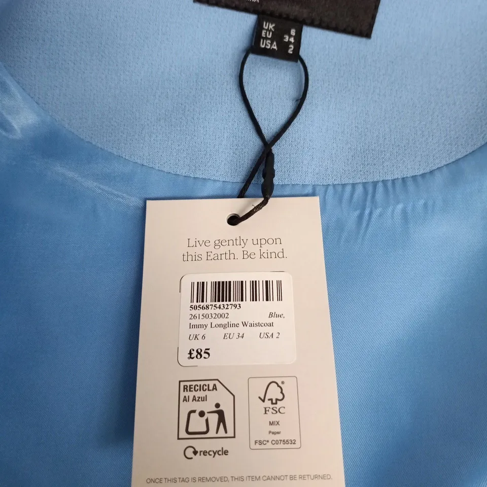 NOBODY'S CHILD IMMY LONGLINE WAISTCOAT – UK 6 (EU 34, USA 2) BLUE