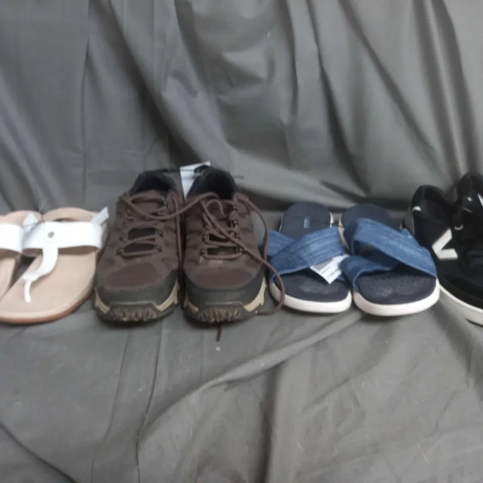 LARGE BOX OF ASSORTED DESIGNER SHOES IN VARIOUS COLOURS, STYLES, AND SIZES TO INCLUDE VIONIC, SKETCHERS, AND STRIVE ETC.