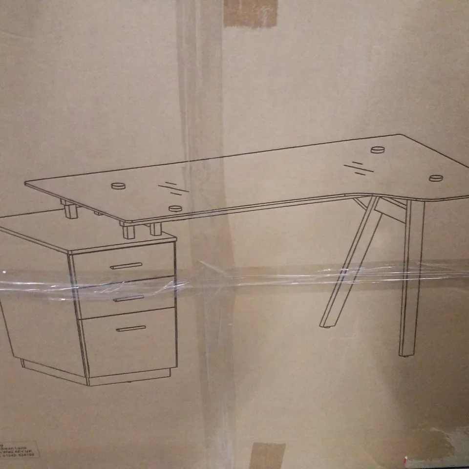 BOXED ALPHASON CLEVELAND 4 RECTANGULAR DESK WITH 3 DRAWER PEDESTAL SMOKED GLASS TOP 1510×800×750 MM WHITE, GREY (2 BOXES)