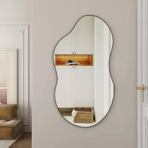BOXED BLACK ASYMMETRICAL MIRROR WITH METAL FRAME FOR WALL DECOR (1 BOX)