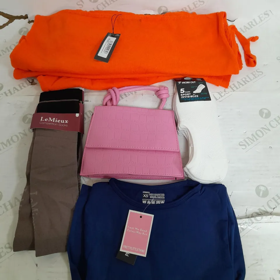 BOX OF APPROXIMATELY 22 ASSORTED CLOTHING ITEMS TO INCLUDE - SOCKS , BAG , T-SHIRT ETC
