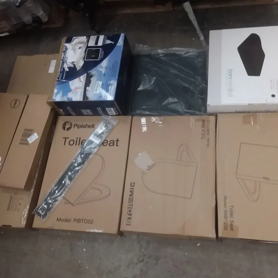 PALLET OF ASSORTED ITEMS INCLUDING STOREMIC TOILET SEAT, BONMEDICO RISING CUSHION, DELL WIRED KEYBOARD, GETFIT KING SIZED PREMIUM AIR BED, NEEWER CAMERA SLIDER, FRANKBERG WINDOW 