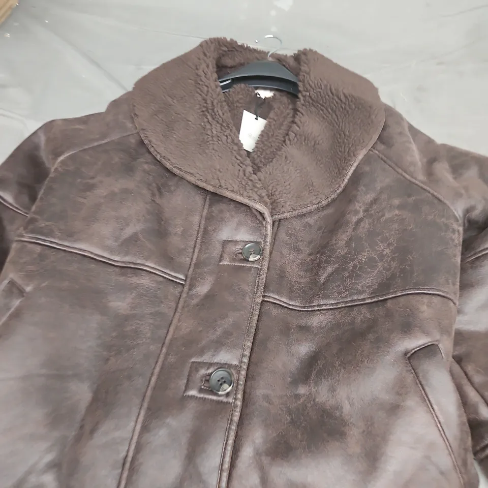 JD WILLIAMS SHAWL COLLAR AVIATOR COAT – CHOCOLATE BROWN, UK SIZE 26