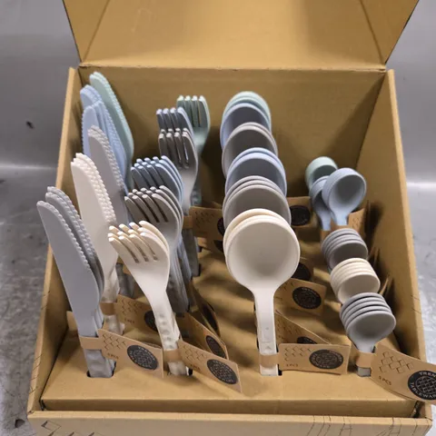 BOX OF TRENDY TABLEWARE SETS IN ASSORTED COLOURS 
