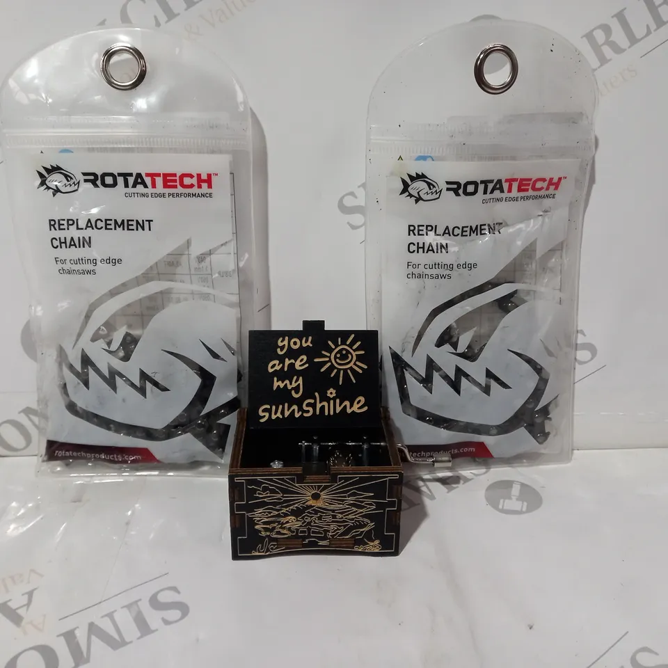 APPROXIMATELY 15 ASSORTED HOUSEHOLD ITEMS TO INCLUDE YOU ARE MY SUNSHINE MUSIC BOX, ROTATECH REPLACEMENT CHAIN FOR CUTTING EDGE CHAINSAWS, ETC