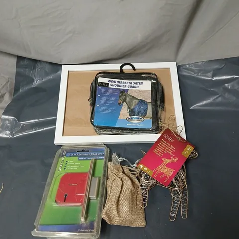 APPROXIMATELY 12 ASSORTED ITEMS TO INCLUDE PICTURE FRAME, HORSE SHOULDER GUARD, LED REINDEER ORNAMENT, DEADLOCK ETC