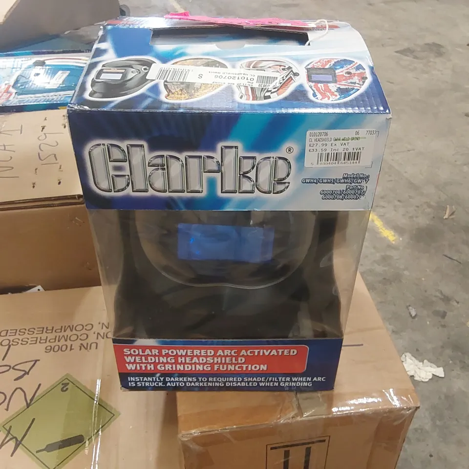 BOXED CLARKE GWH4 BLACK ARC ACTIVATED SOLAR POWERED GRINDING/WELDING HEADSHIELD