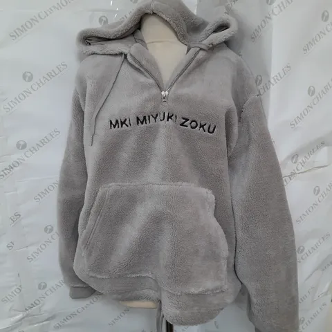 MKI MIYUKI ZOKU 1/4 FLEECE OUTER DRAWSTRING HEM HOODIE IN GREY SIZE XL