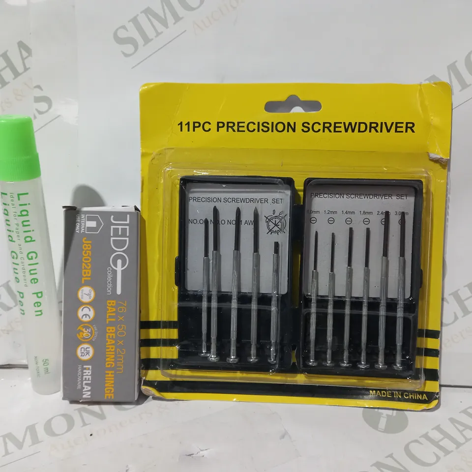 LOT OF APPROXIMATELY 10 ASSORTED HOUSEHOLD ITEMS TO INCLUDE 11PC PRECISION SCREWDRIVER, LIQUID GLUE PEN, ETC