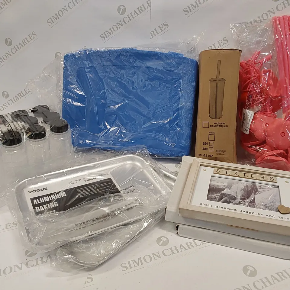 8 BRAND NEW ITEMS TO INCLUDE: 2 ALUMINIUM BAKING SHEETS, SISTERS FRAMES, PACK OF 12 BOTTLES, TOILET CLEANER ETC