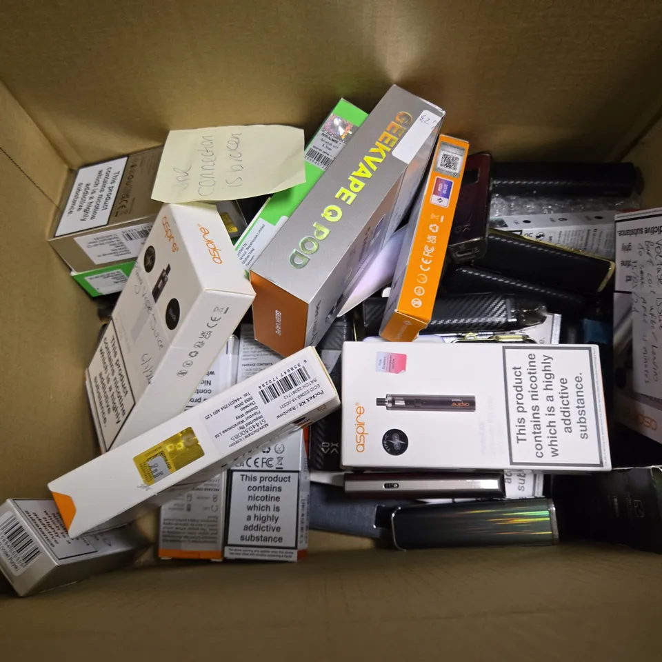 BOX OF APPROXIMATELY 15 ASSORTED E-CIGARETTES TO INCLUDE - GEEK VAPE , ASPIRE , VAPORESSO 