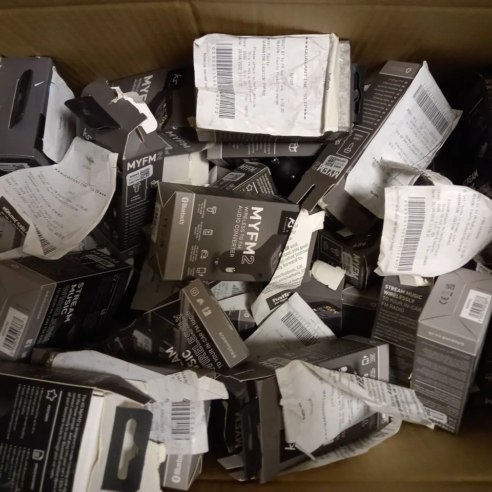 BOX OF APPROX 30 KITSOUNDS MYFM2 WIRELESS TO FM AUDIO CONVERTERS