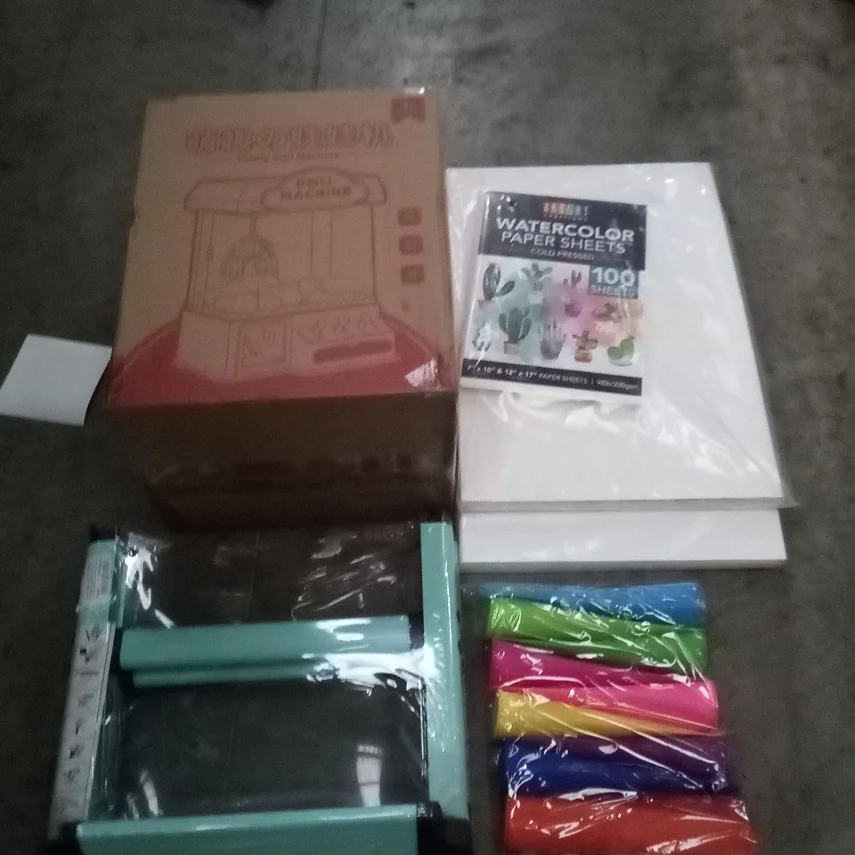 PALLET OF ASSORTED ITEMS INCLUDING DOLL MACHINES , PAPER SHEETS , FOLDING STEP STOOLS , ETC 