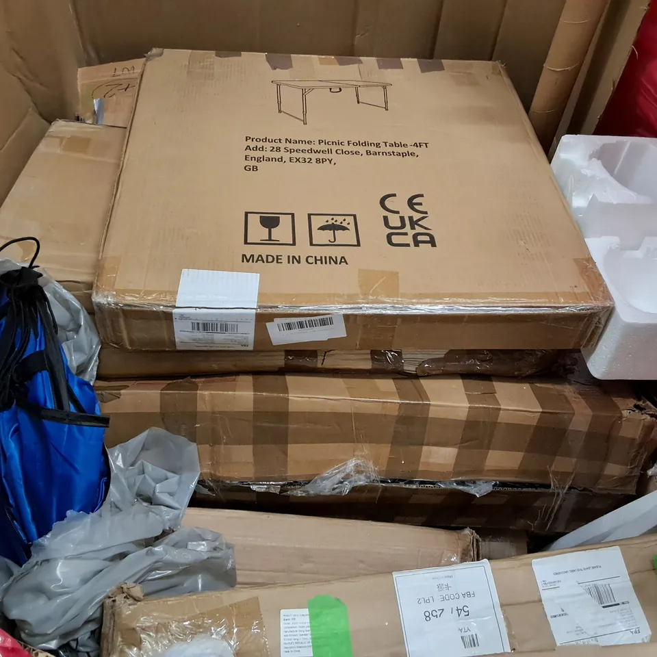 PALLET OF ASSORTED HOUSEHOLD ITEMS TO INCLUDE FOLDING PICNIC TABLES, DISTILLER AND LED MIRROR