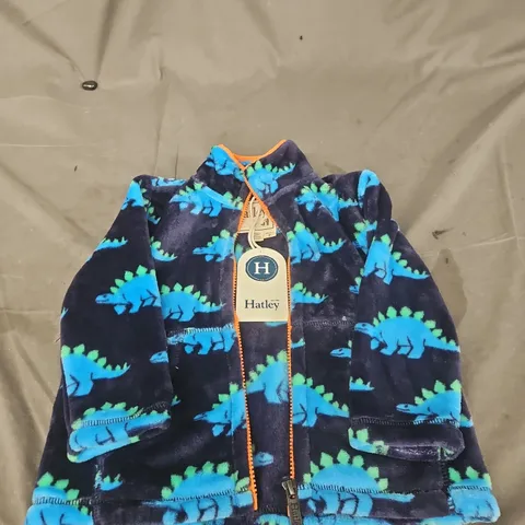 HATLEY DINOSAUR PRINT KIDS' FLEECE JACKET – NAVY WITH ORANGE ZIP SIZE 2