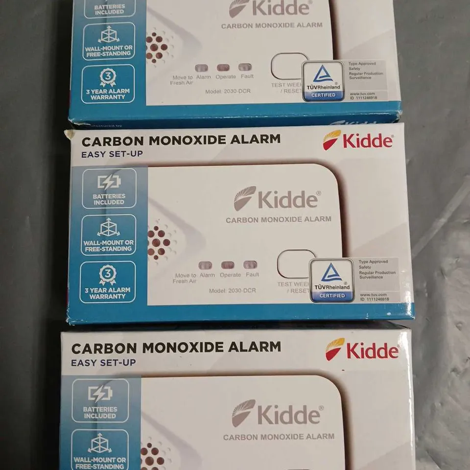 LOT OF 3 BOXED KIDDE CARBON MONOXIDE ALARMS