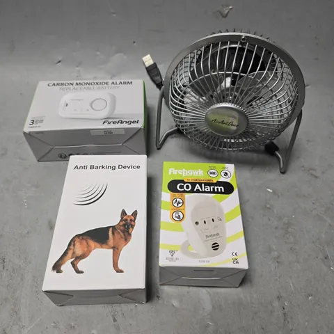 APPROXIMATELY 8 ASSORTED ELECTRICAL PRODUCTS TO INCLUDE USB FAN, CARBON MONOXIDE ALARM, ANTI BARKING DEVICE ETC
