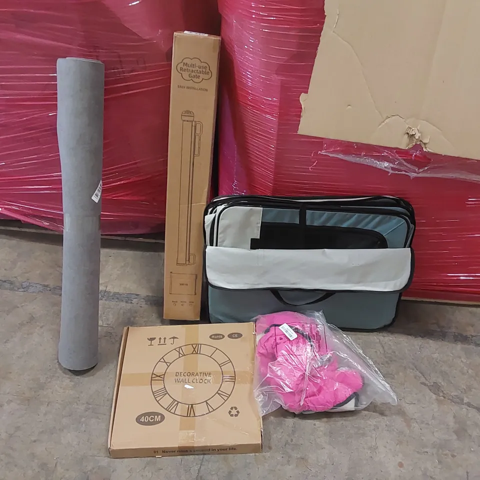 PALLET OF ASSORTED ITEMS INCLUDING: RETRACTABLE GATE, WALL CLOCK, DOG COAT, RUG ECT