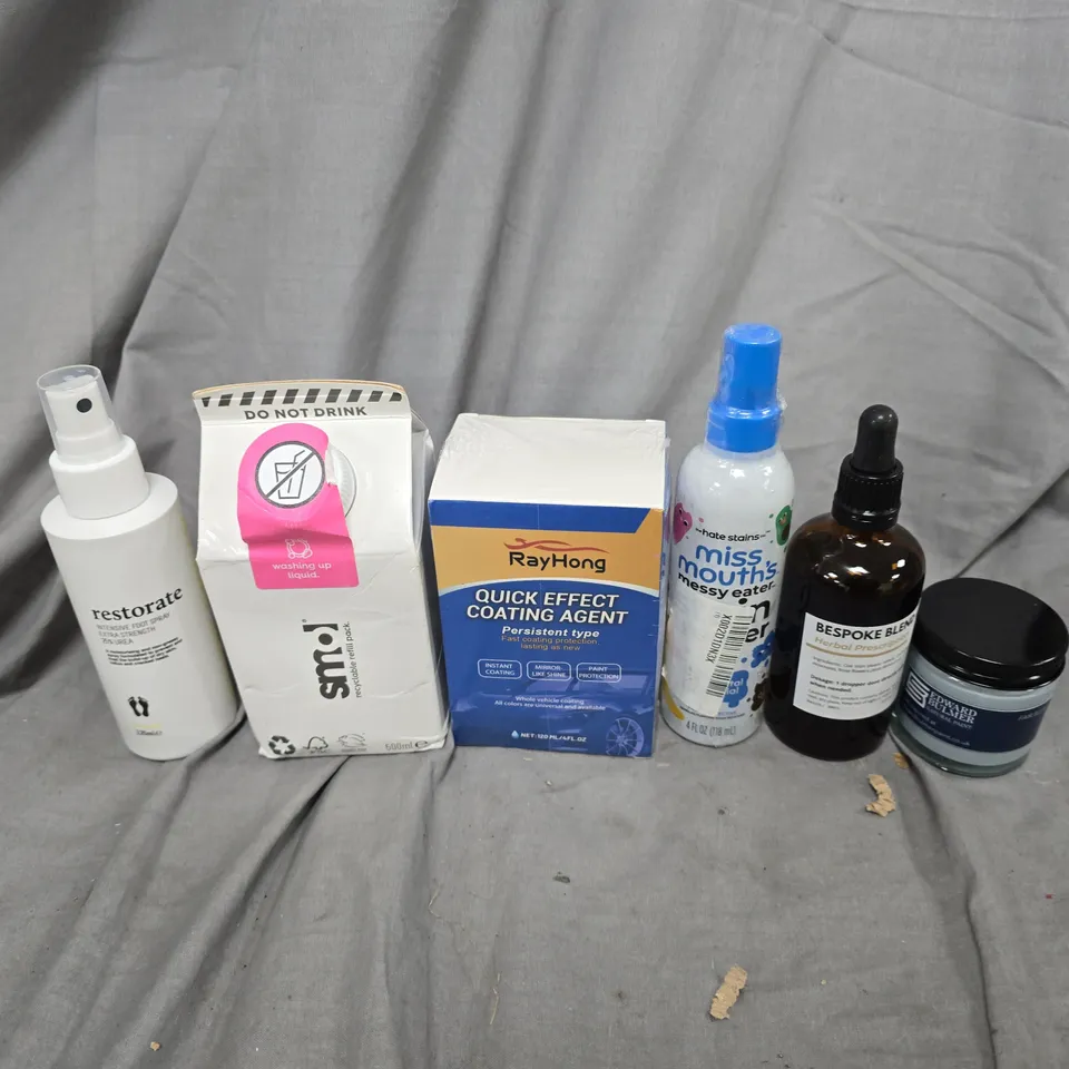 APPROXIMATELY 20 ASSORTED HOUSEHOLD LIQUID PRODUCTS TO INCLUDE SMOL WASHING UP LIQUID, QUICK EFFECT COATING AGENT, RESTORATE FOOT SPRAY, ETC