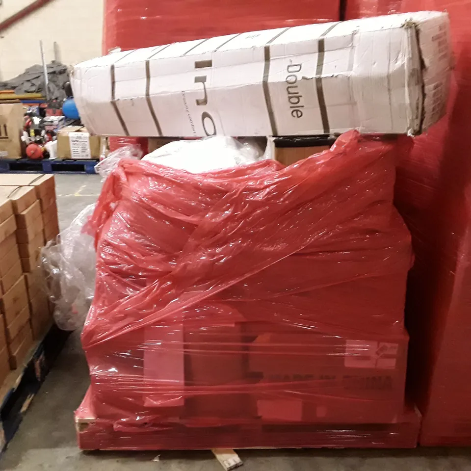 PALLET TO CONTAIN AN ASSORTMENT OF HOUSEHOLD ITEMS TO INCLUDE STORAGE BOXES, CUSHIONS, INDUCTION JOBS AND MATTRESSES 
