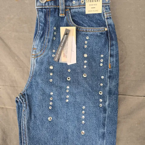 STRAIGHT HIGH RISE DENIM JEANS IN LIGHT BLUE/BLUE GRADIENT W. JEWEL EFFECT SIZE 7 YEARS 