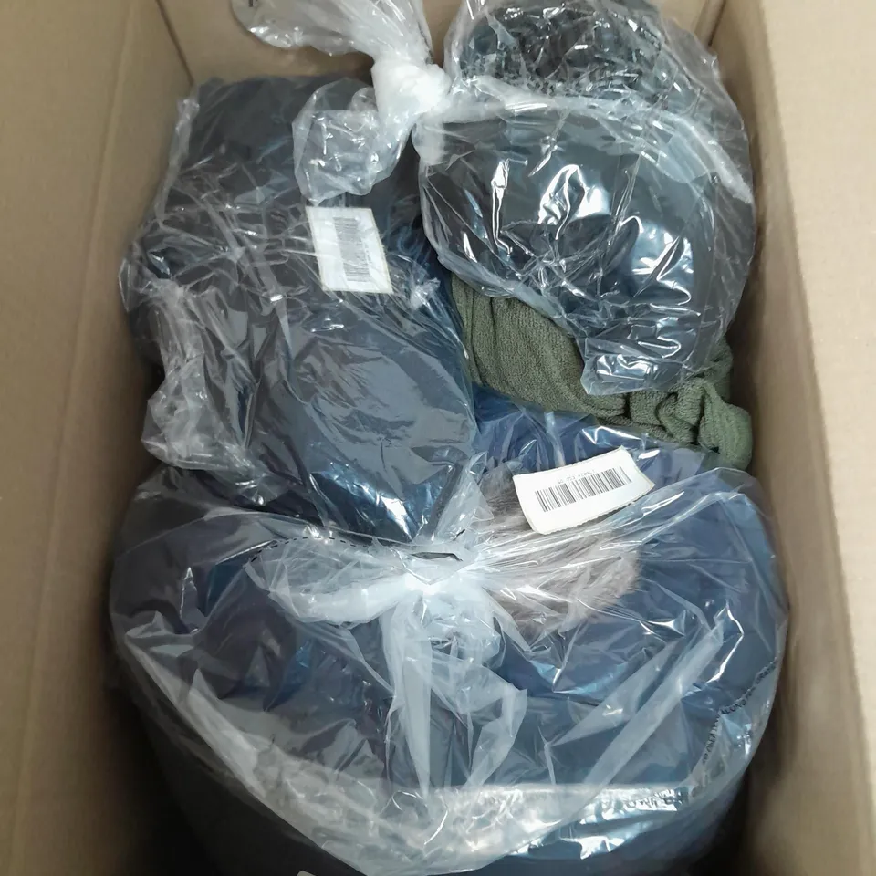 A BOX OF 10 ITEMS OF CLOTHING TO INCLUDE A GREY PYJAMAS SET A SPOTTY JUMPER AND BEIGE TOP 