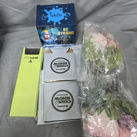 BOX OF ASSORTED ITEMS TO INCLUDE - FACE FLOWER - PENCILS - COIN SHOWER CAN COVER 