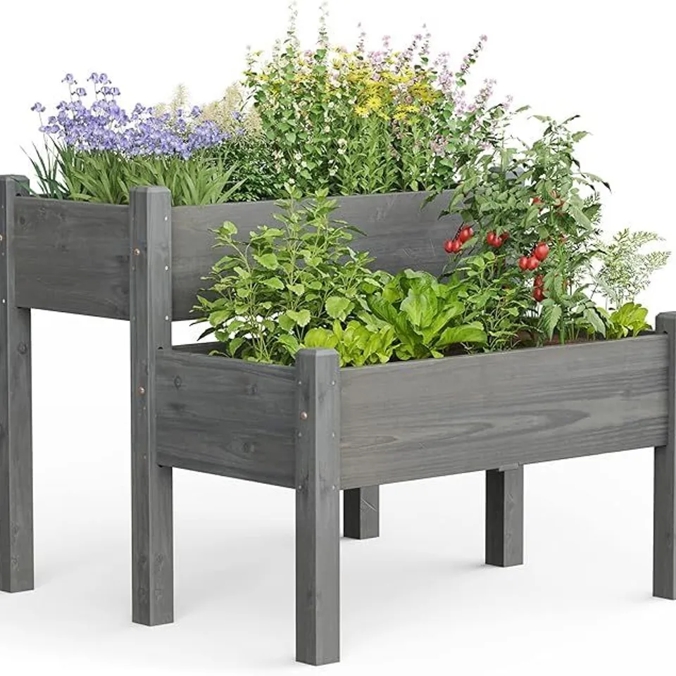 BOXED COSTWAY RAISED WOODEN GARDEN BED ELEVATED PLANTER BOX PLANT TERRARIUM WITH DRAIN HOLES - NATURAL