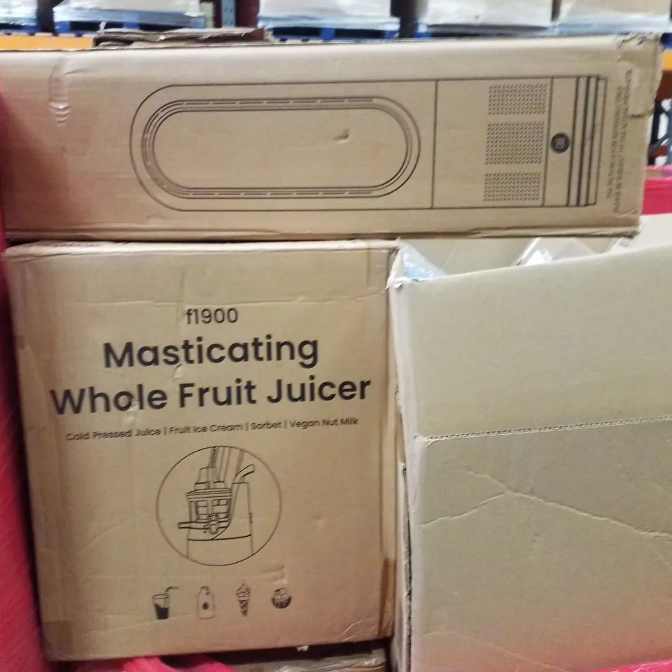 PALLET CONTAINING ASSORTED PRODUCTS INCLUDING EXERCISE BIKE, BLADELESS FAN, WHOLE FRUIT JUICE & CAMPING CHAIR