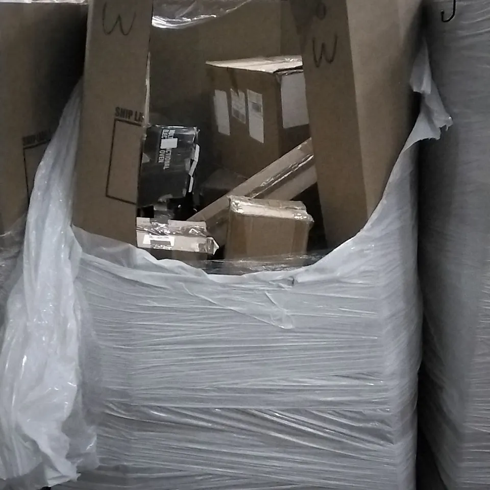 PALLET OF ASSORTED ITEMS INCLUDING LAMINATOR, BIKE TRAINER STAND, CURTAIN RAIL, TV STAND WITH MOUNT AND DOLL JOGGING STROLLER