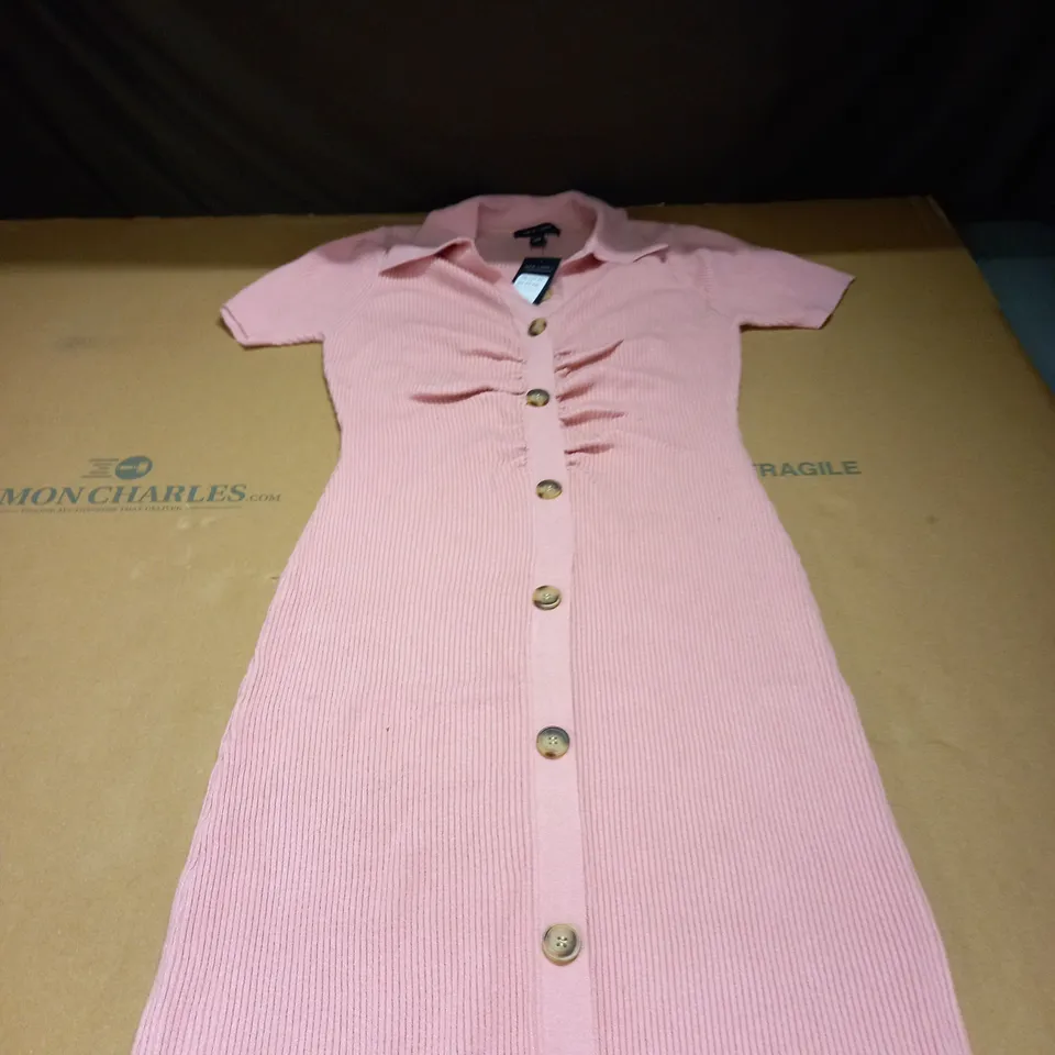 PINK KNIT RUCHED BUTTON FRONT COLLARED MIDI DRESS SIZE 16