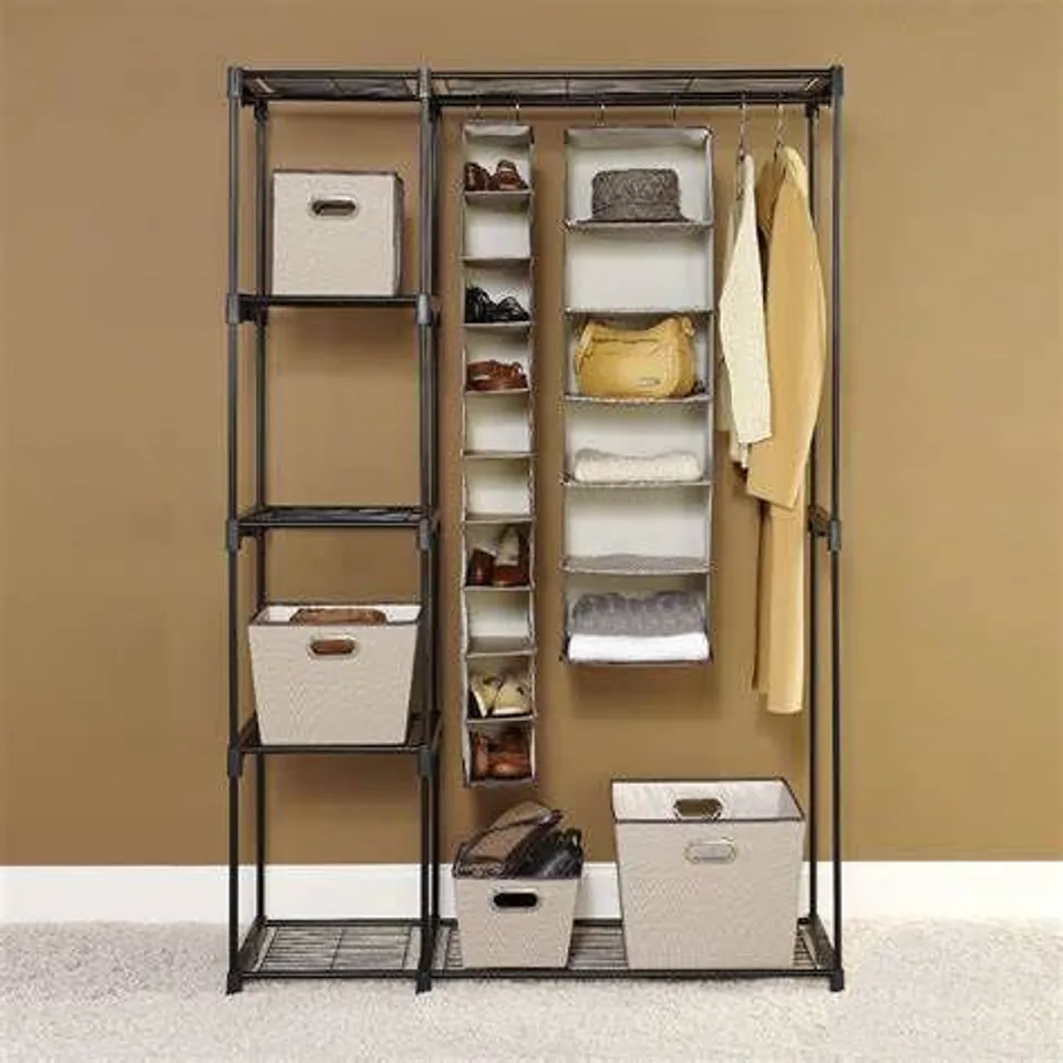 BOXED PORTABLE WARDROBE FREE STANDING WARDROBE CLOTHES STORAGE ORGANIZER FOLDING CLOSET WITH HANGING RACK & WATERPROOF NON-WOVEN FABRIC COVER - BLACK (1 BOX)