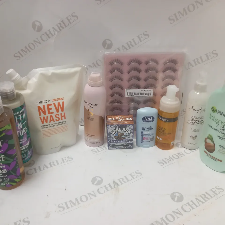 APPROXIMATLEY 20 COSMETICS ITEMS TO INCLUDE HAIRSTORY NEW WASH (946ml), SANCTUARY SPA SHOWER BURST (200ml), NEUTROGENA CLEAR & SOOTHE MOUSSE CLEANSER (150ml), ETC