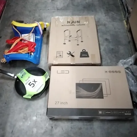 PALLET OF ASSORTED HOUSEHOLD GOODS AND PRODUCTS TO INCLUDE; COMPUTER MONITOR, FRYING PAN, CHILD'S SWING, BOXED FURNITURE ETC 