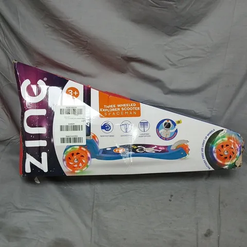 BOXED AND SEALED ZINC THREE WHEELED LIGHT UP EXPLORER SCOOTER - RACING CAR