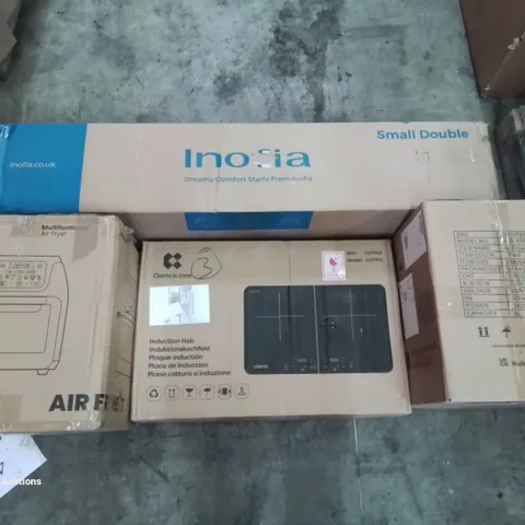 PALLET OF ASSORTED ITEMS INCLUDING MULTIFUNCTIONAL AIR FRYER, INDUCTION HOB, SMALL DOUBLE MATTRESS, IMPULSE SPRINKLER