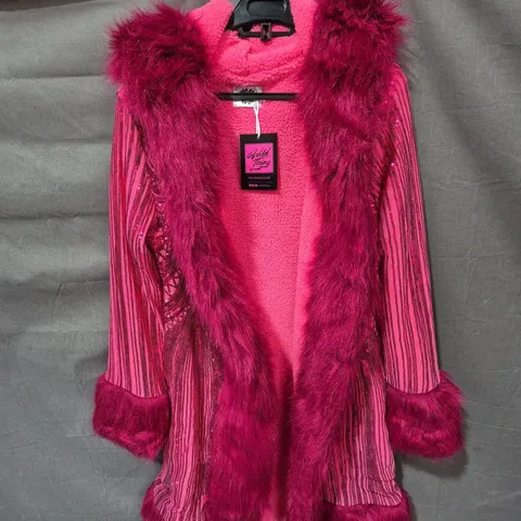 DAISY SHOCK EMBELLISHED HOODED SEQUIN PINK FAUX-FUR COAT – SIZE L