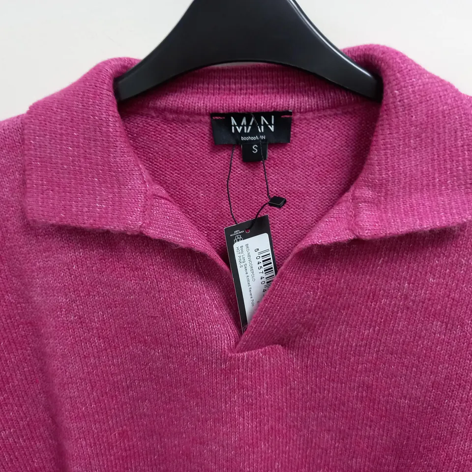 BOOHOO MAN BOXY LONG SLEEVE KNITTED POLO IN HOT PINK - S