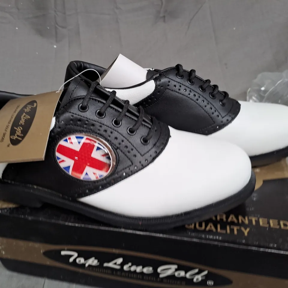 BOX OF APPROXIMATLY 12 BLACK AND WHITE TOP LINE GOLF SHOES IN VARIOUS SIZE 