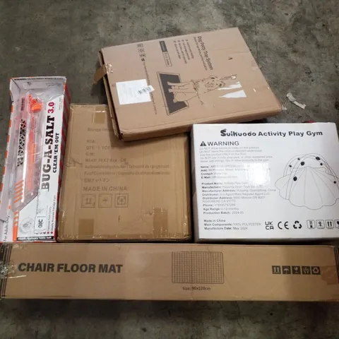 PALLET CONTAINING ASSORTED PRODUCTS INCLUDING CHAIR FLOOR MAT, ACTIVITY PLAY GYM, STORAGE OTTOMAN, BUG SALT GUN & DOG POTTY TRAY SYSTEM 