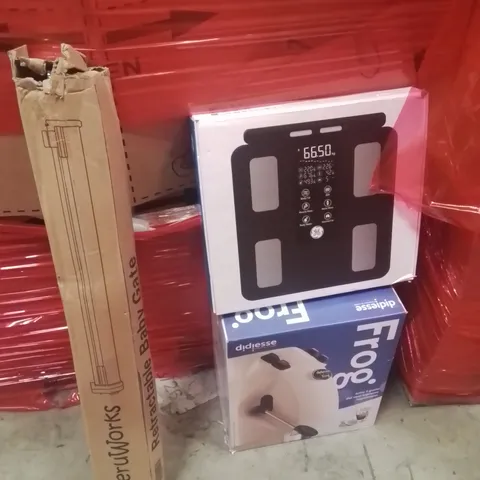PALLET OF ASSORTED HOUSEHOLD GOODS AND PRODUCTS TO INCLUDE;WEIGHING SCALES,COFFEE MACHINE,RETRACTABLE SAFETY GATE 